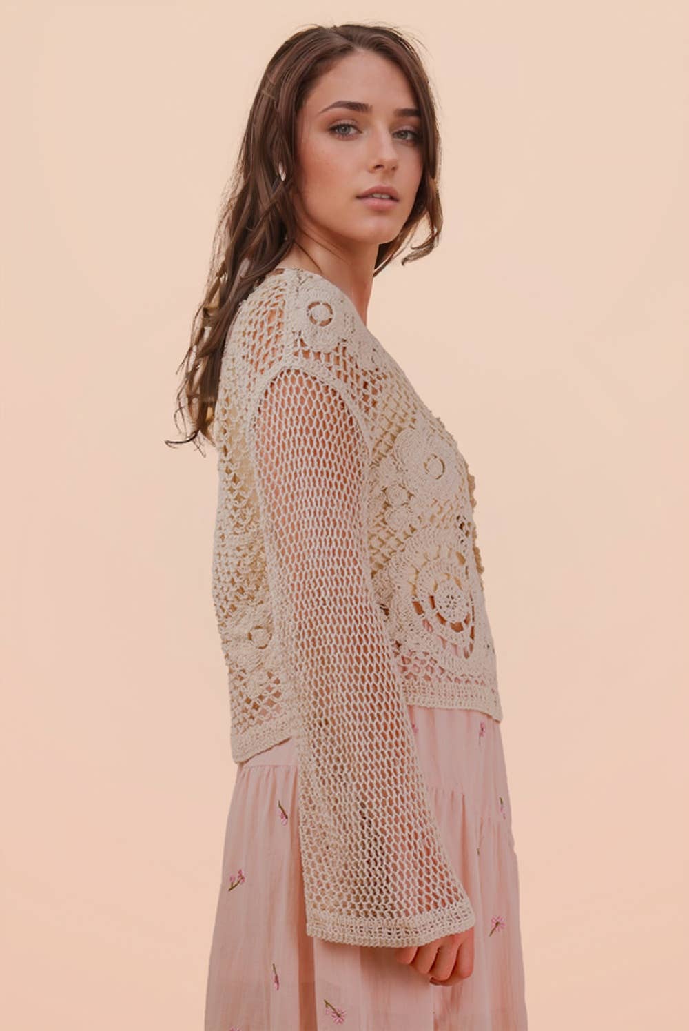 NT12142-Crochet Long Sleeve Knit Top