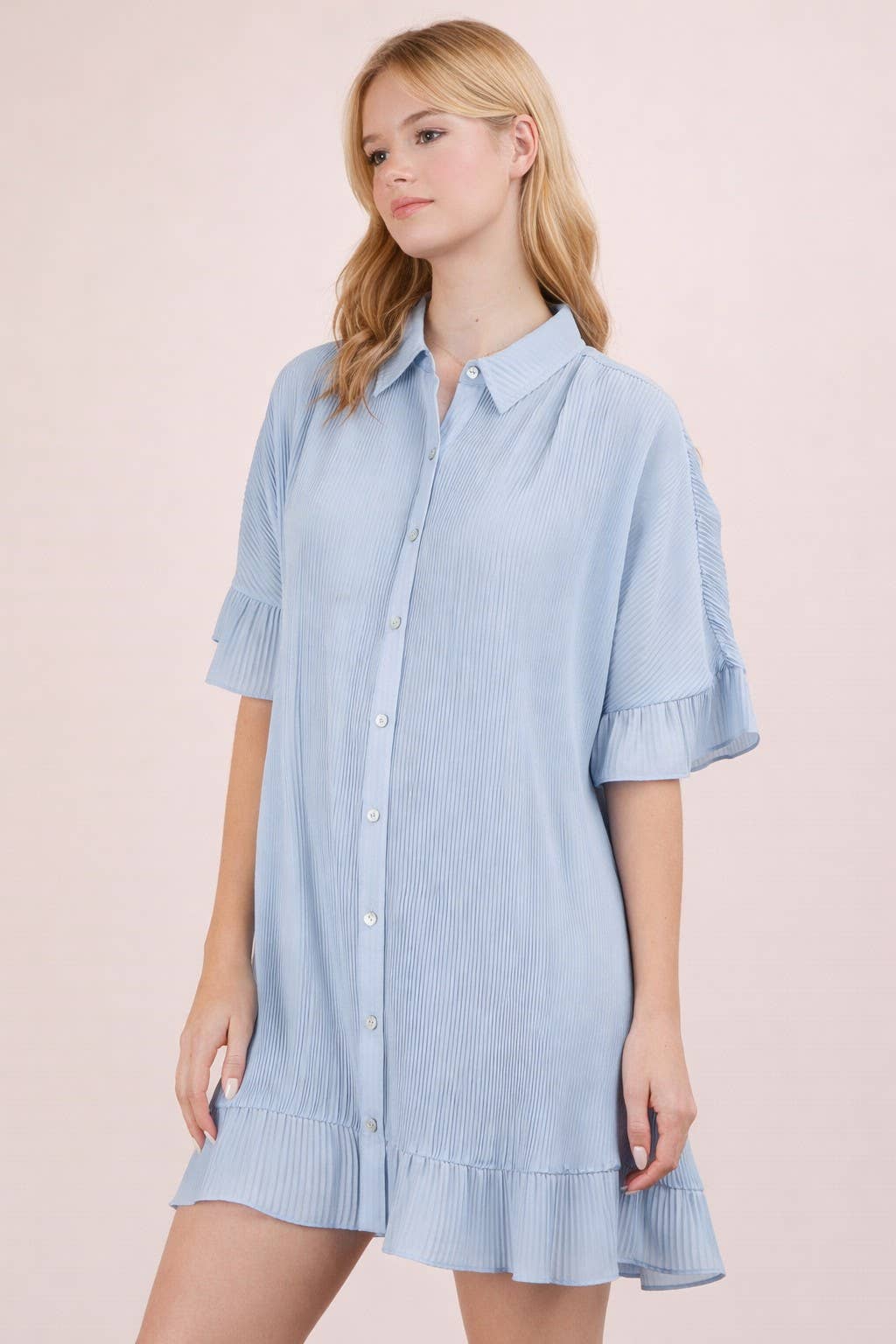 ND31602-Pleated Detail Button Down Mini Dress