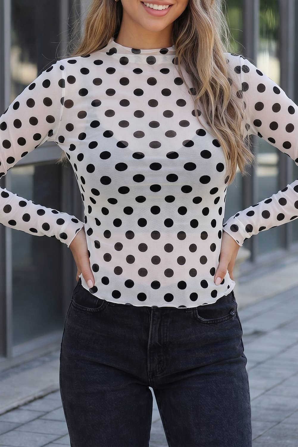 Polka Dot Long Sleeve Mesh