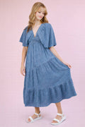 ND31584-Mineral Washed Elastic Neck Detail Midi Dress