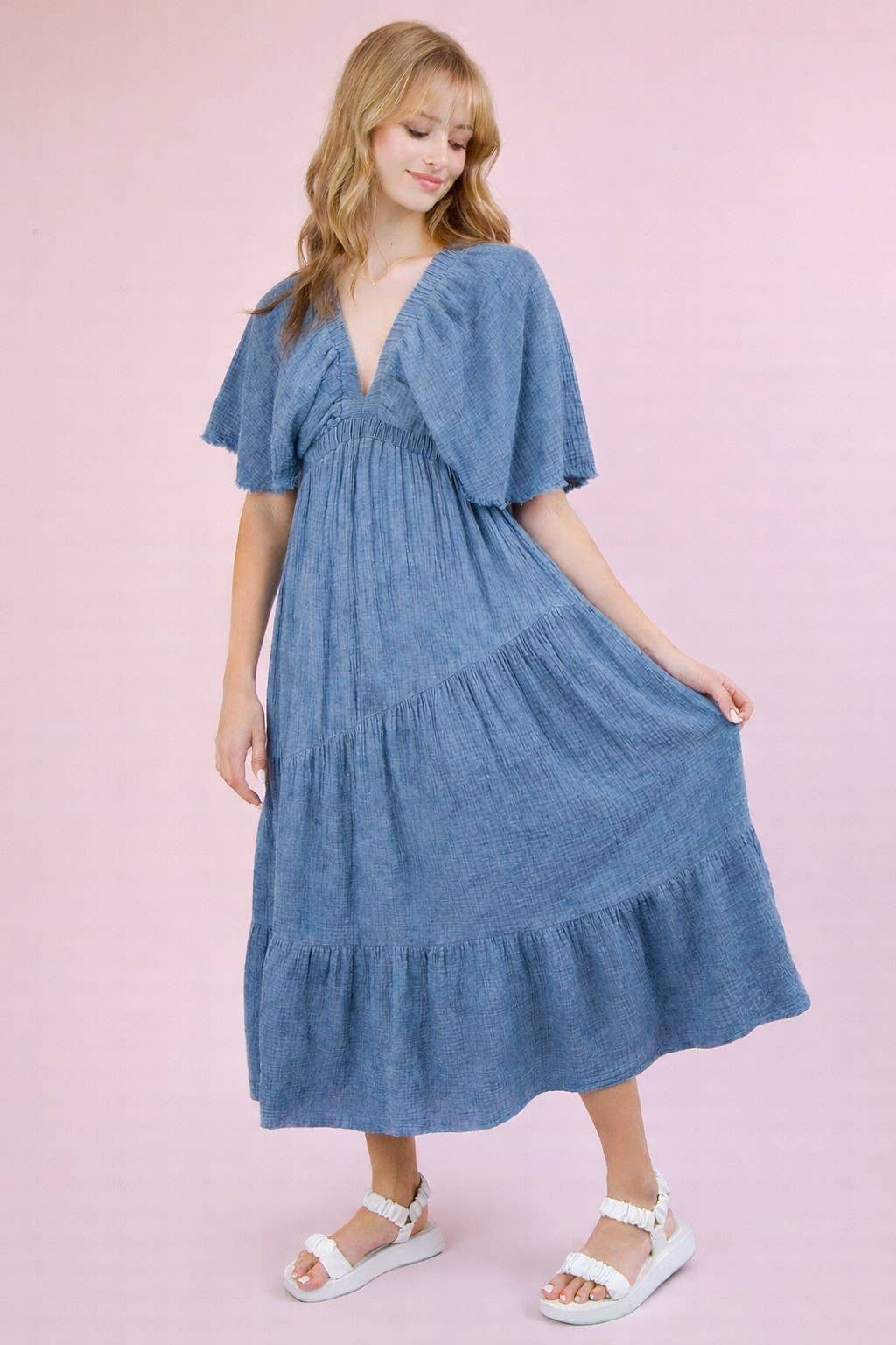 ND31584-Mineral Washed Elastic Neck Detail Midi Dress
