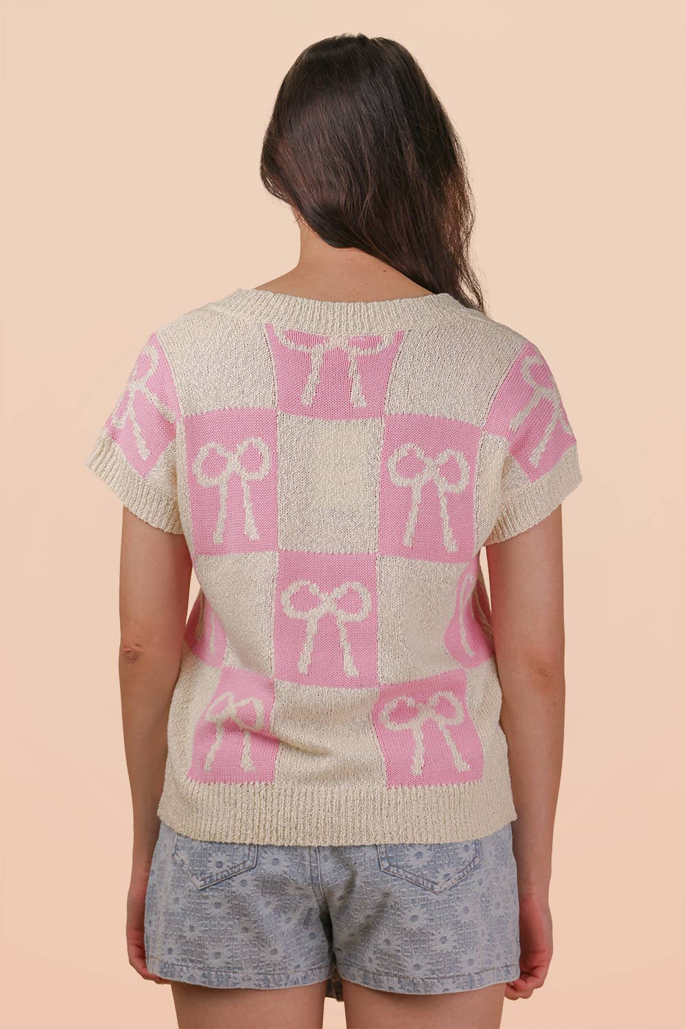 12W3370N-Bow Graphic Knit Summer Sweater Top