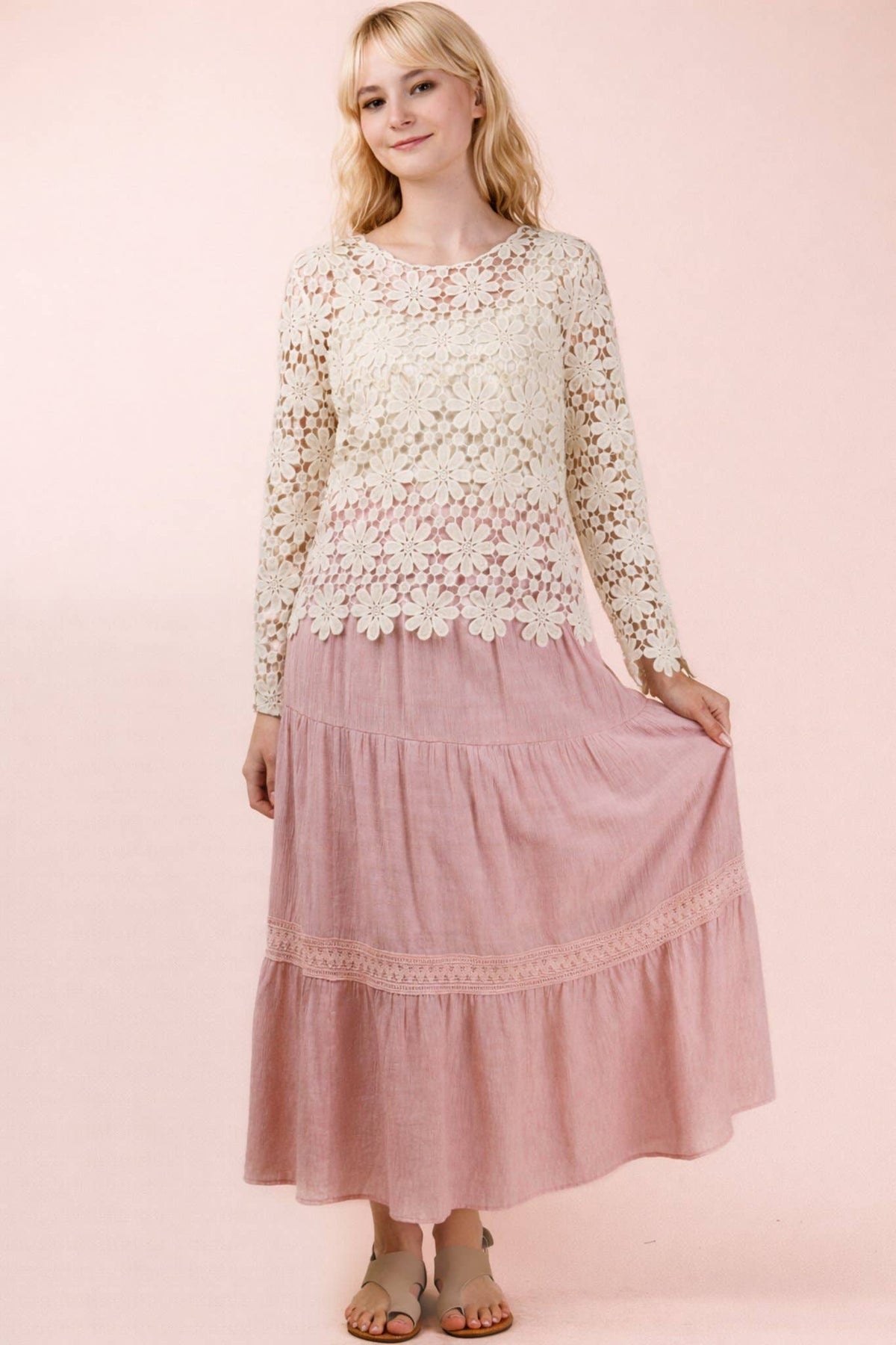 NS50200-Tiered Layers Solid Woven Mini Dress W/ Lace Trim