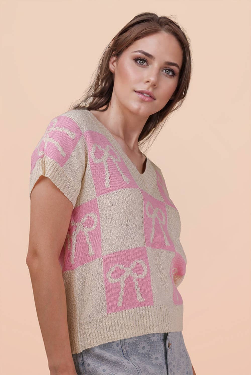 12W3370N-Bow Graphic Knit Summer Sweater Top