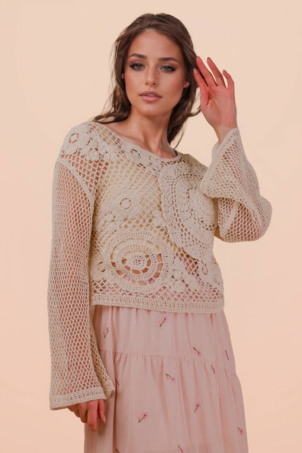 NT12142-Crochet Long Sleeve Knit Top