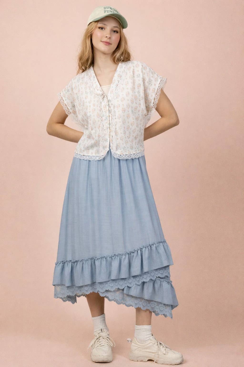 NS50204-Ruffle Hem Lace Trim Midi Dress