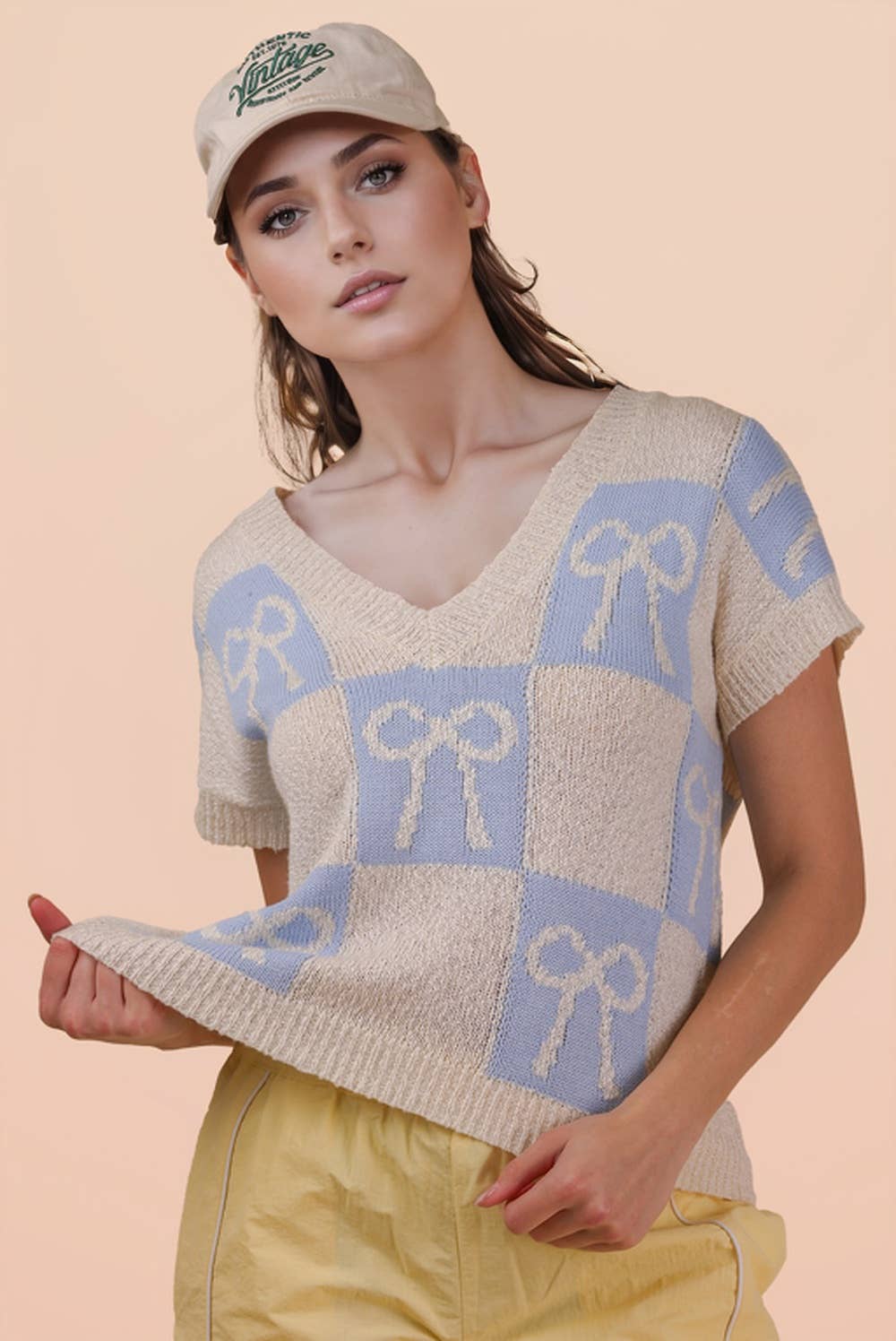 12W3370N-Bow Graphic Knit Summer Sweater Top