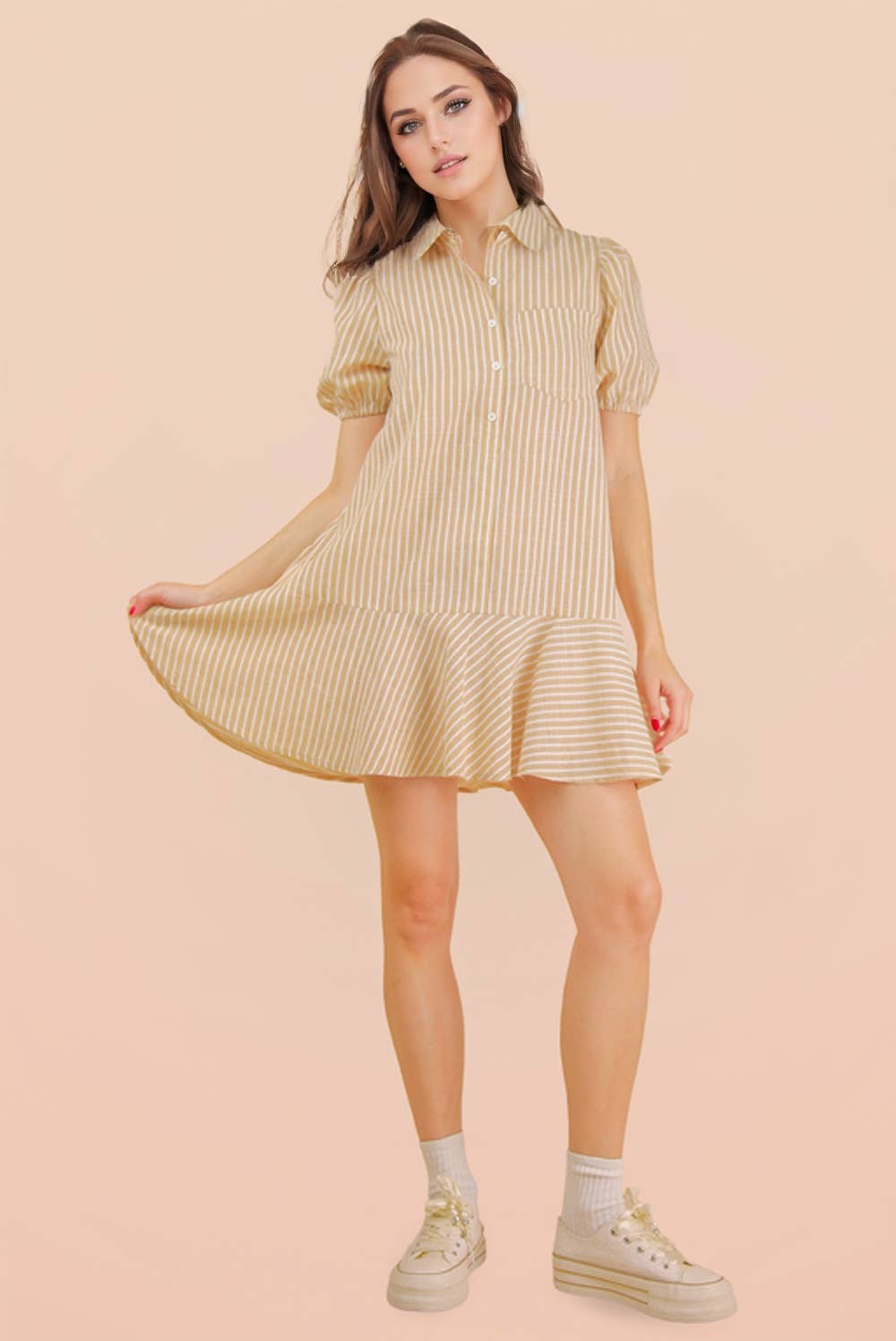 ND32029-Stripe Puff Sleeve Shirt Mini Dress