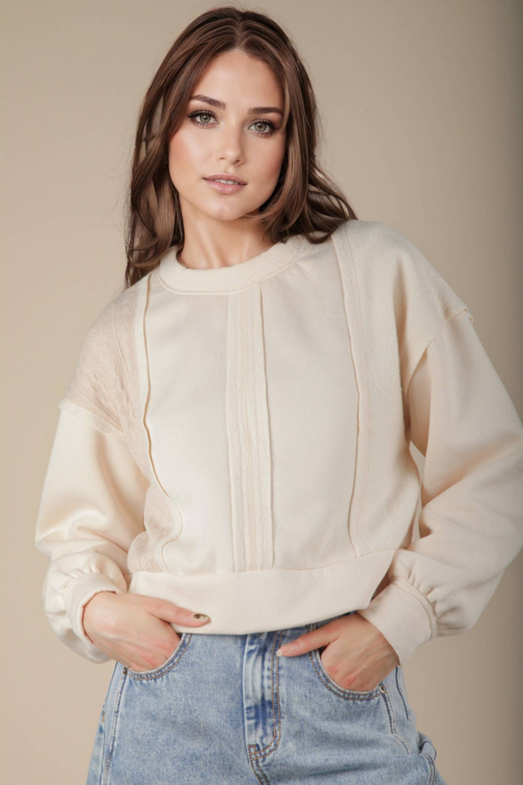 VT15193-Cable Contrast Detail Oversized Knit Crop Top
