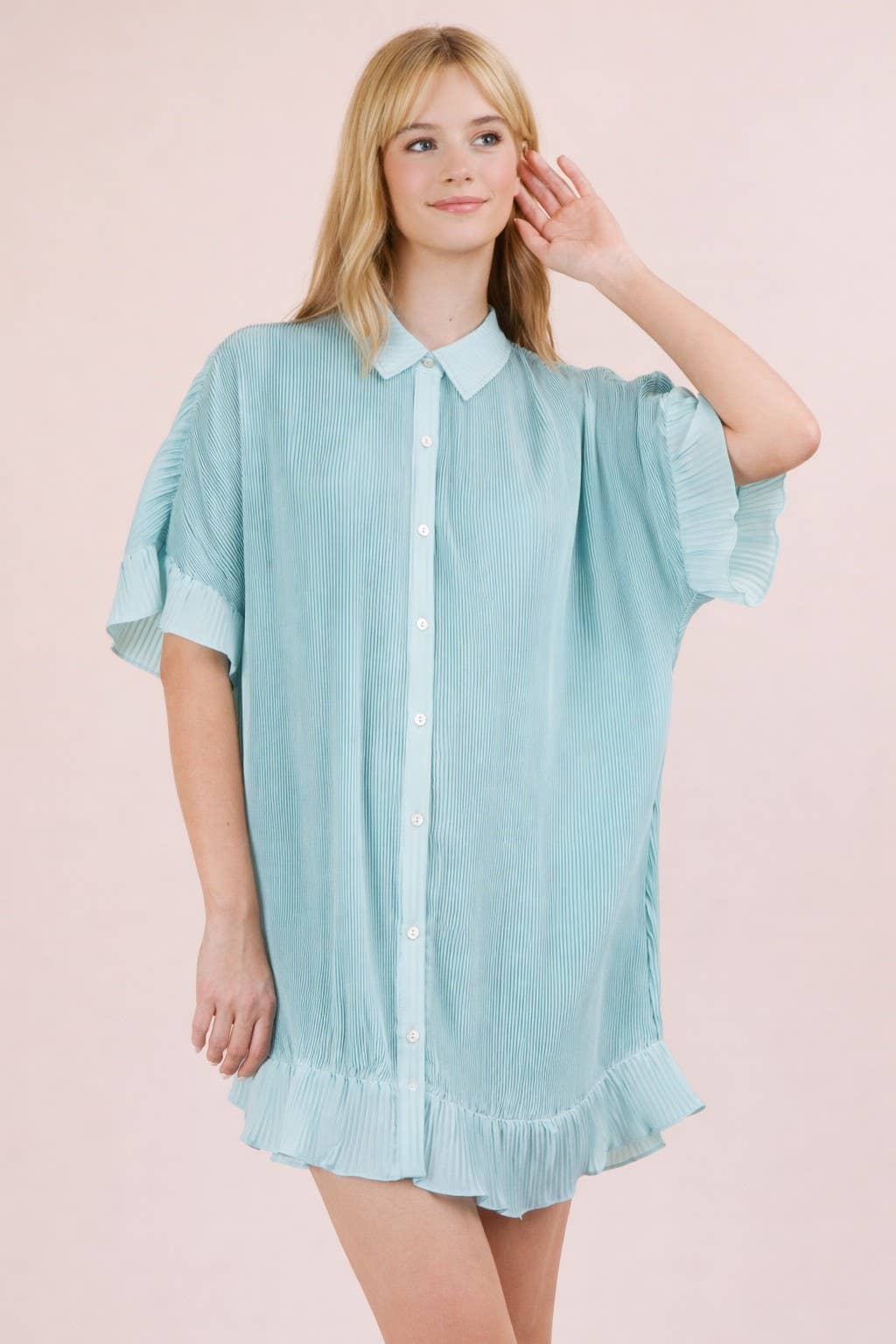 ND31602-Pleated Detail Button Down Mini Dress