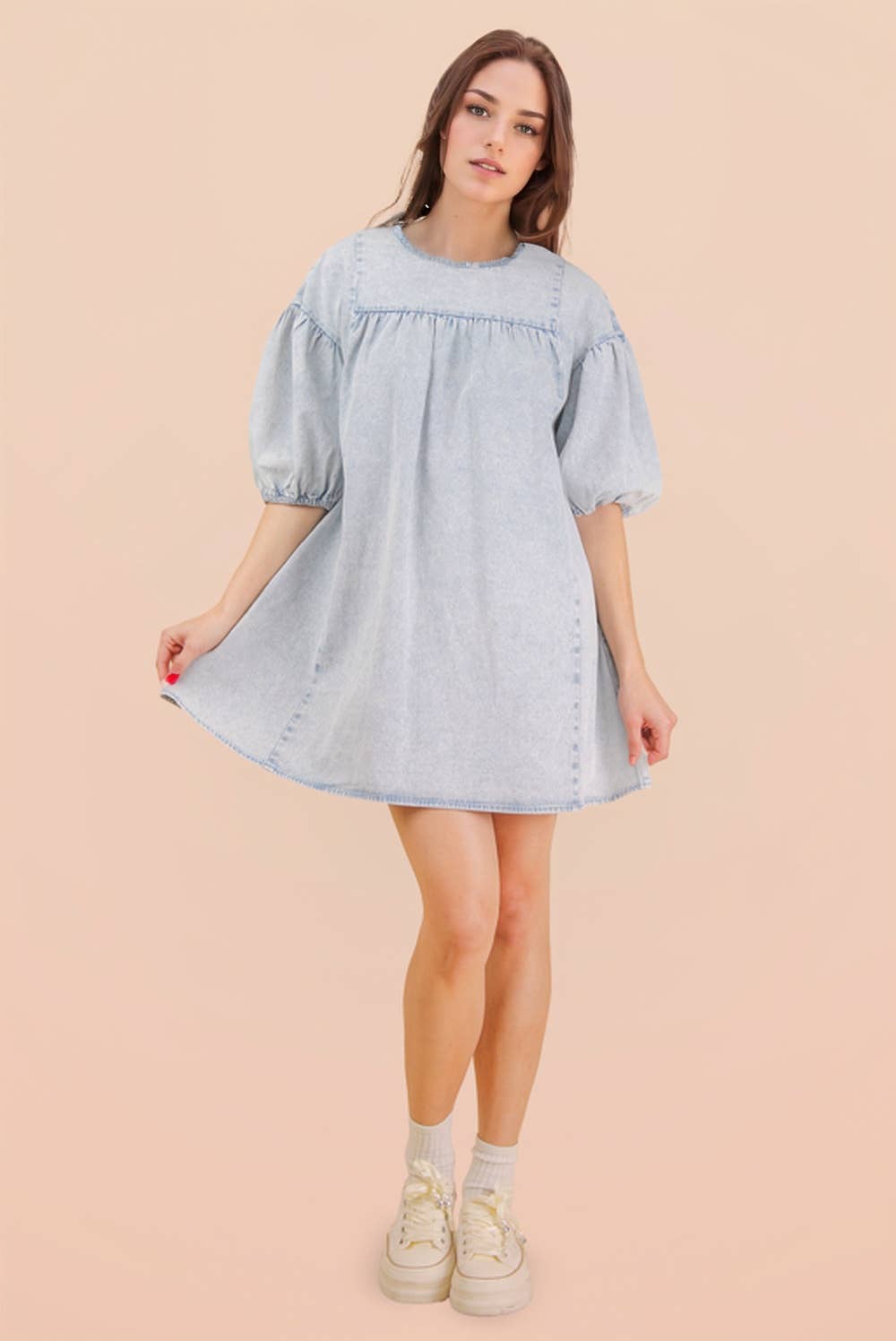 ND32015-Washed Denim Casual Mini Dress