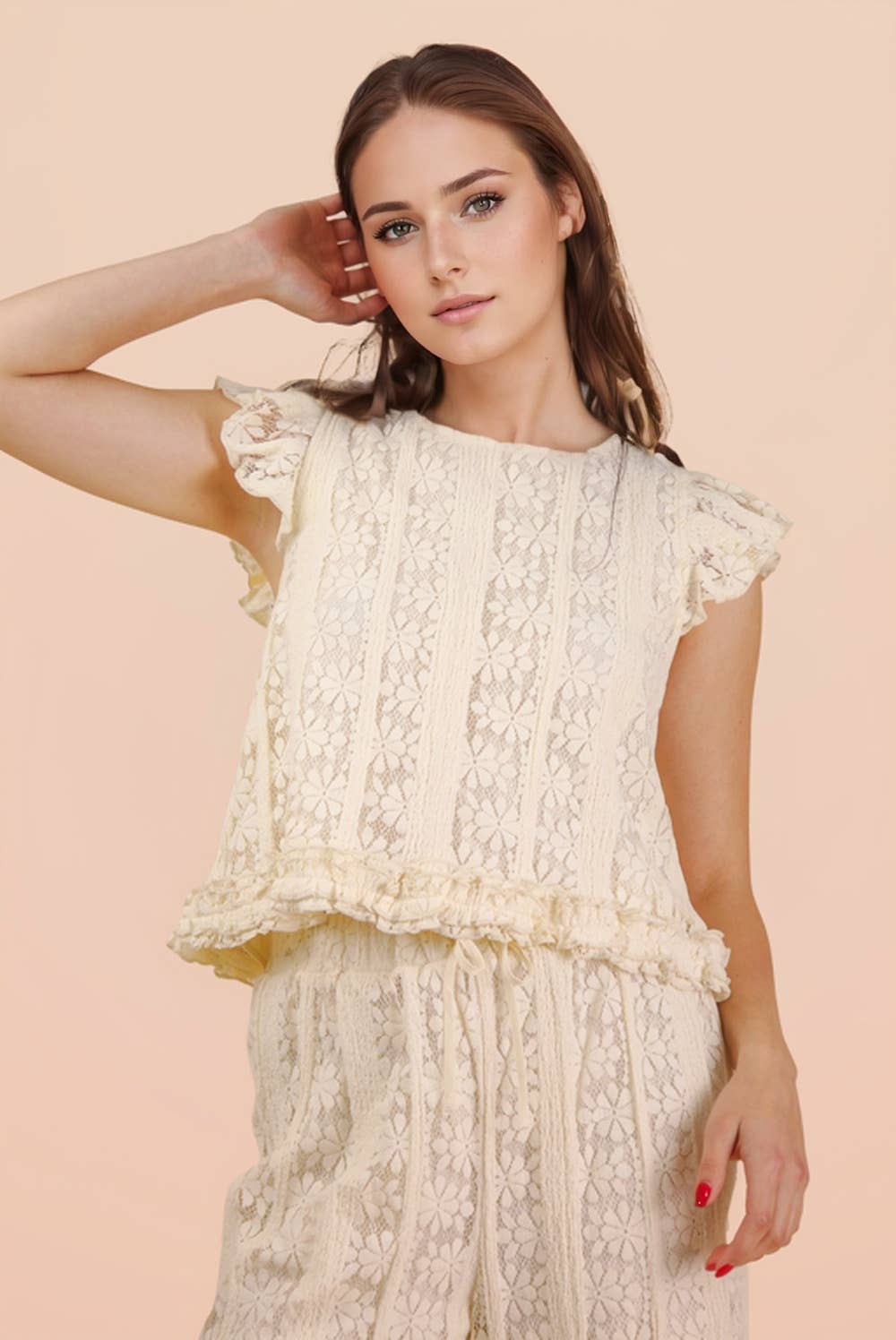 NT12510-Shoulder Ruffle Detail Lace Top