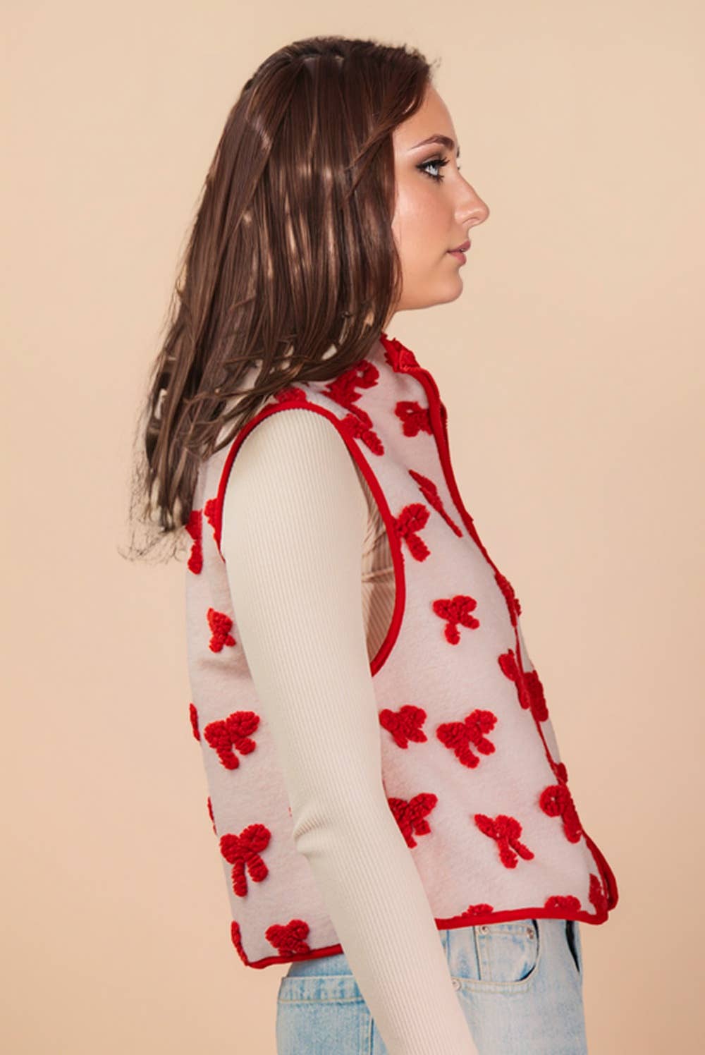 NJ90403-Textured Bow & Floral Printed Vest