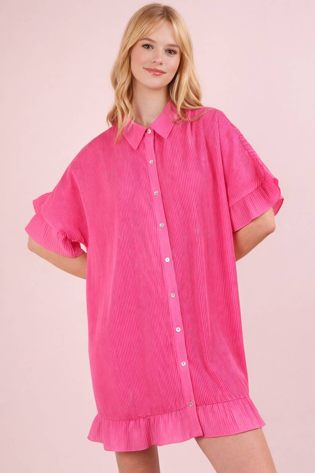 ND31602-Pleated Detail Button Down Mini Dress