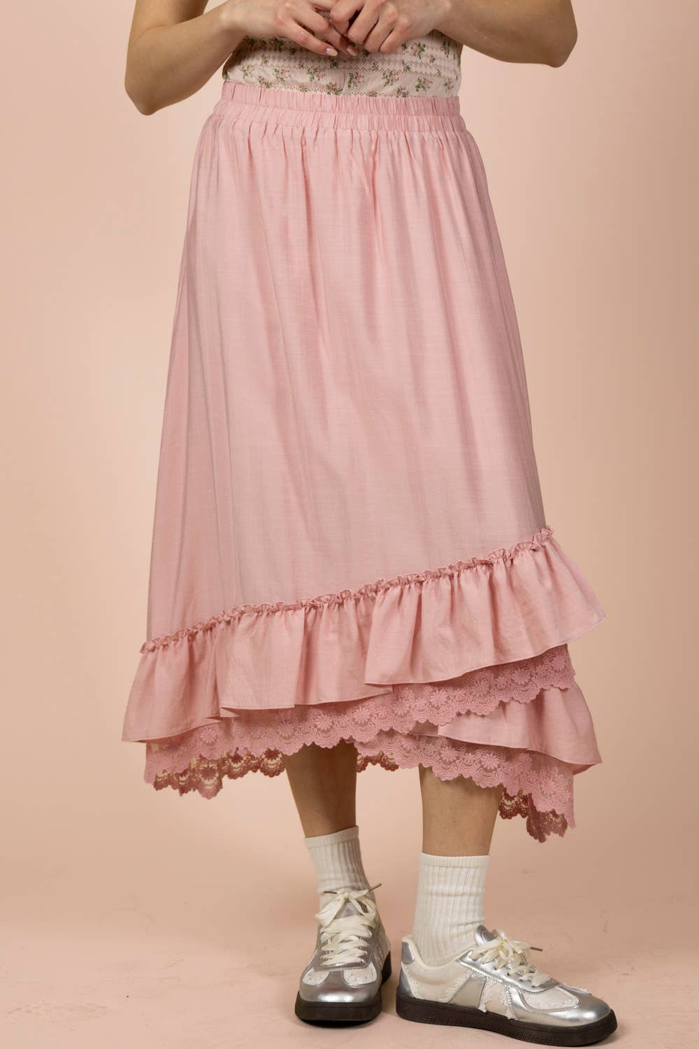 NS50204-Ruffle Hem Lace Trim Midi Dress