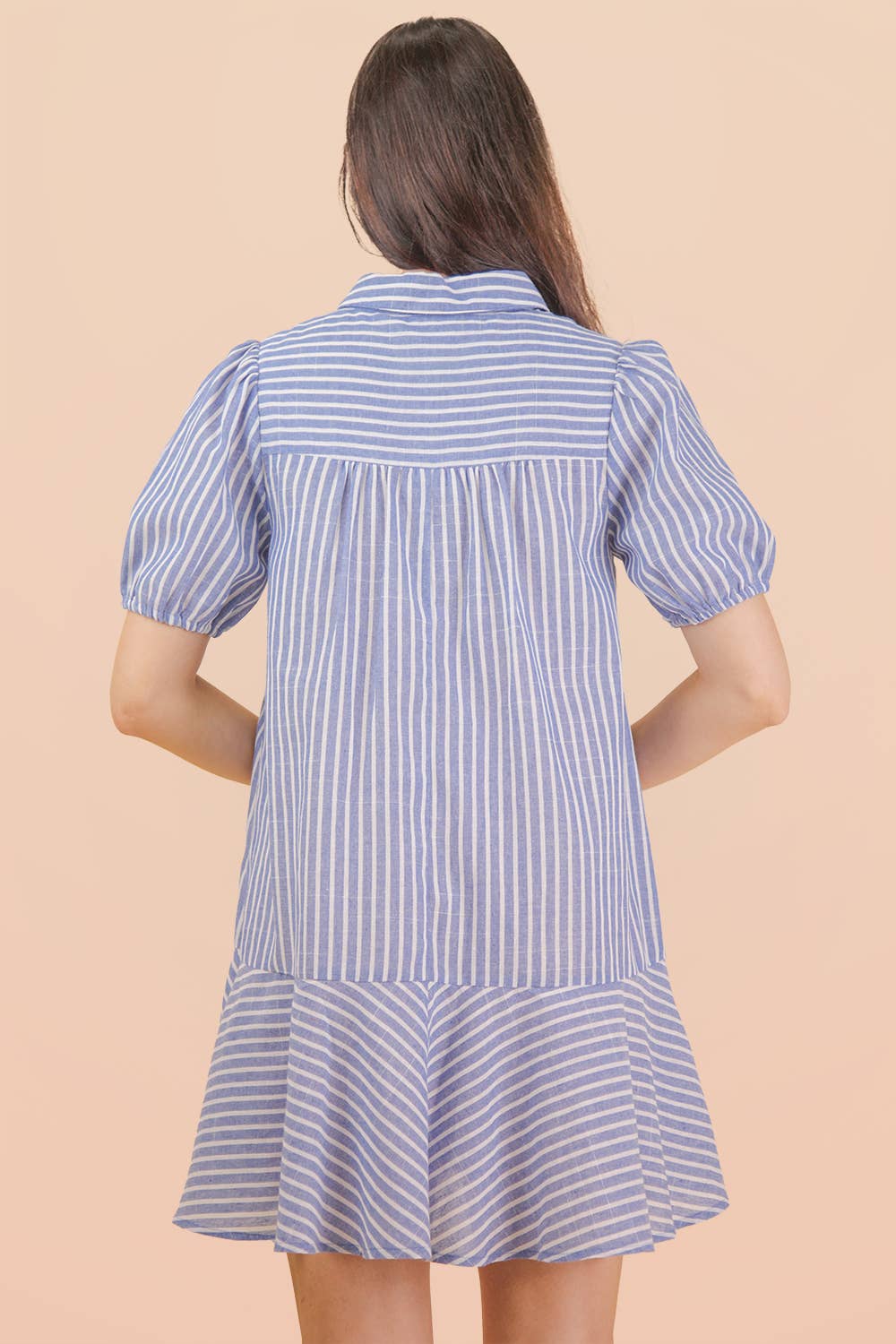 ND32029-Stripe Puff Sleeve Shirt Mini Dress