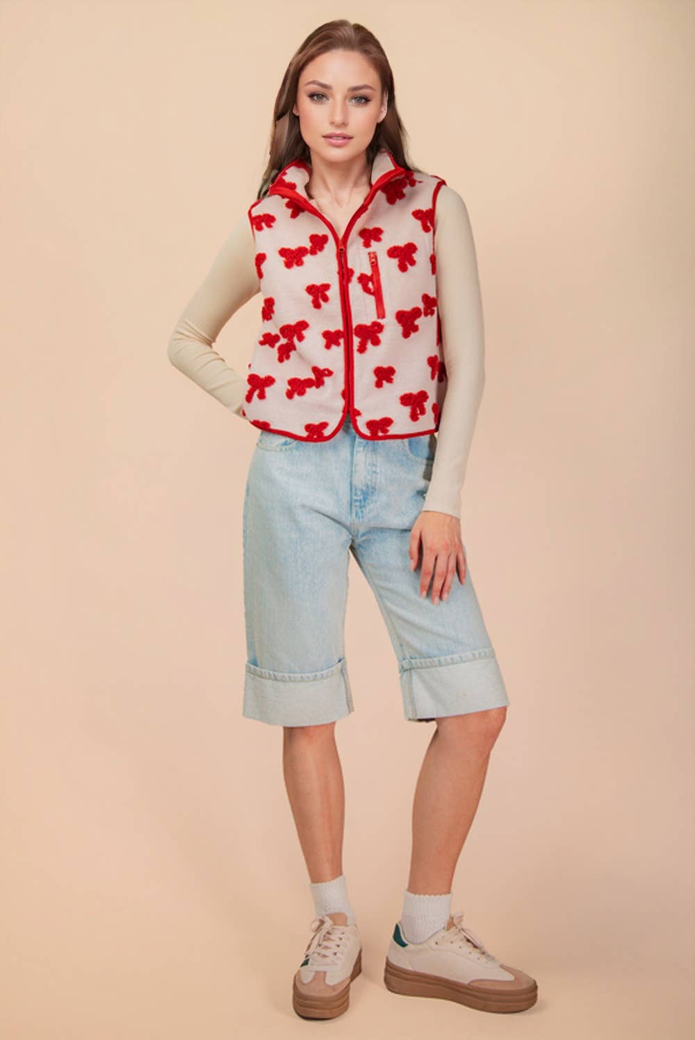 NJ90403-Textured Bow & Floral Printed Vest