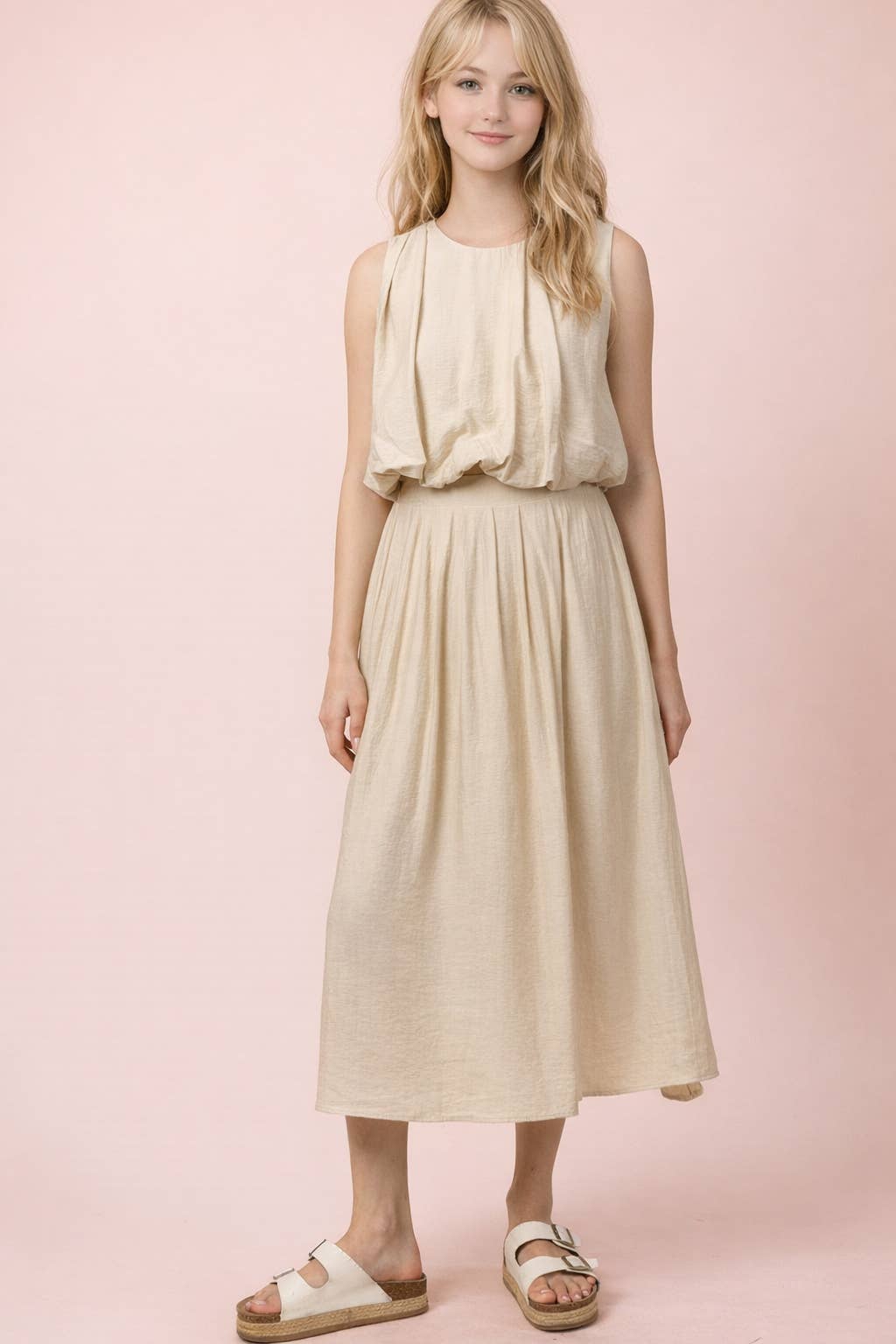 NT12643SET-Pleated Bubble Blouse Top & Midi Skirt Set