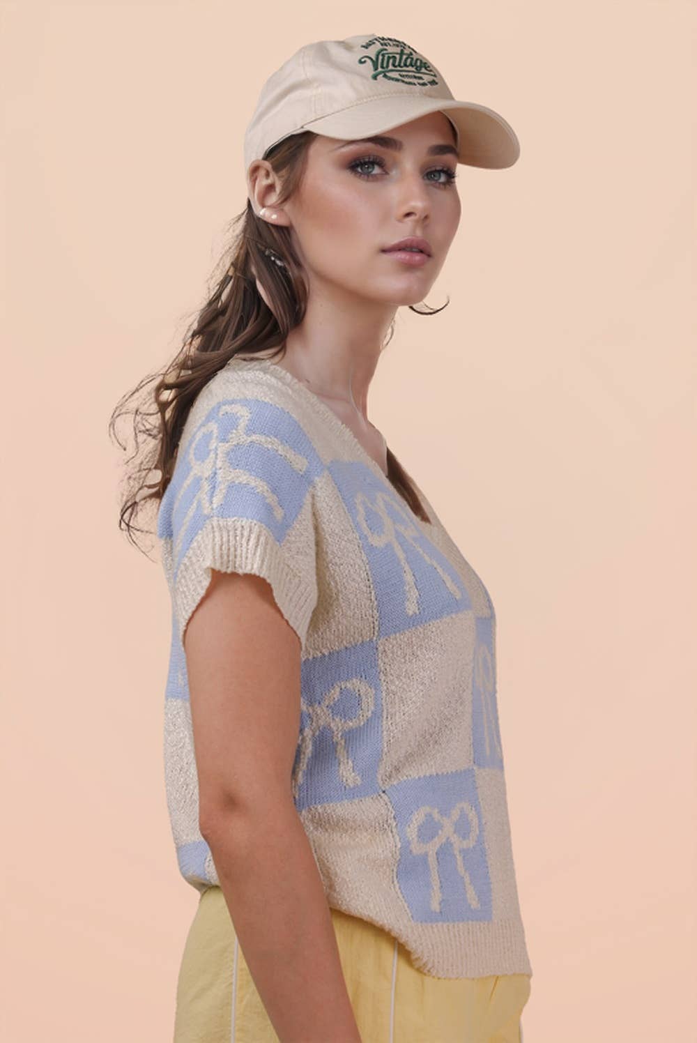 12W3370N-Bow Graphic Knit Summer Sweater Top