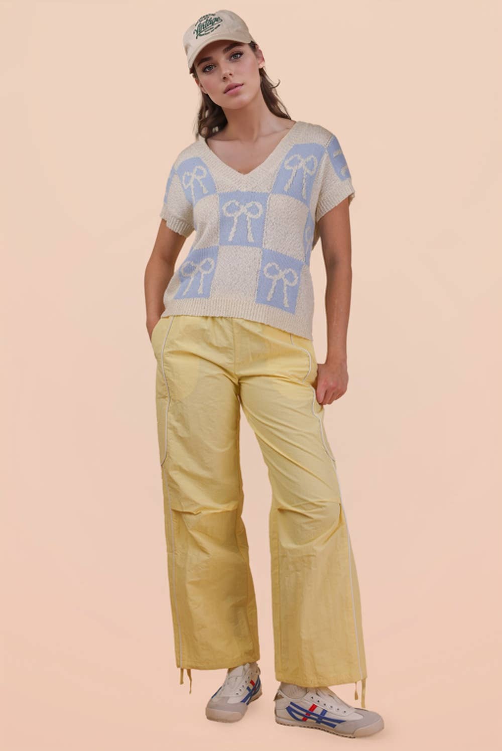 12W3370N-Bow Graphic Knit Summer Sweater Top