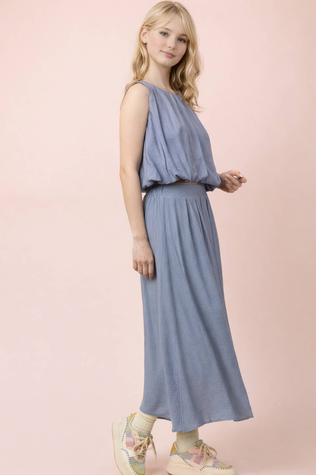 NT12643SET-Pleated Bubble Blouse Top & Midi Skirt Set