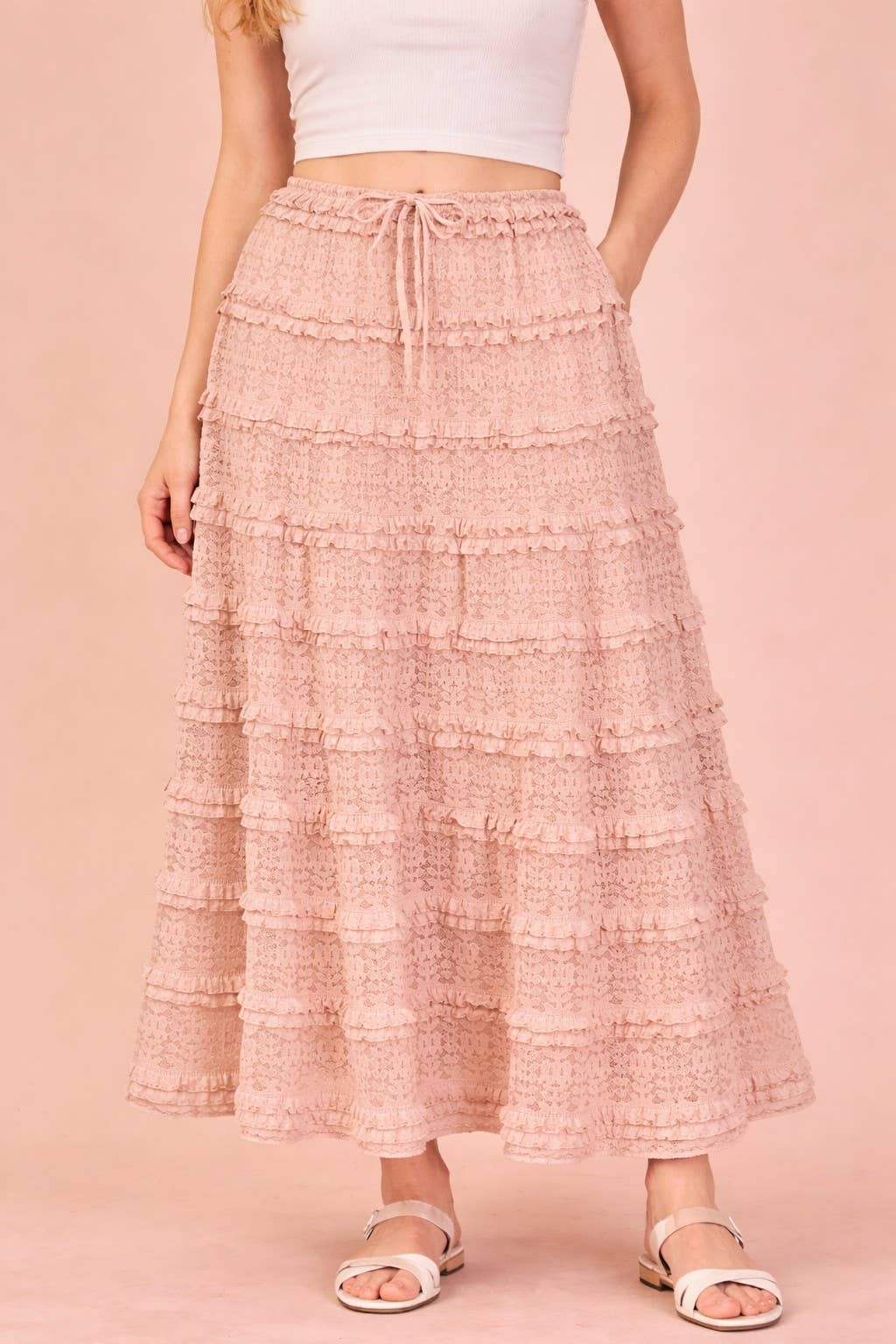 NS50182-Tiered Layered Lace Midi Skirt