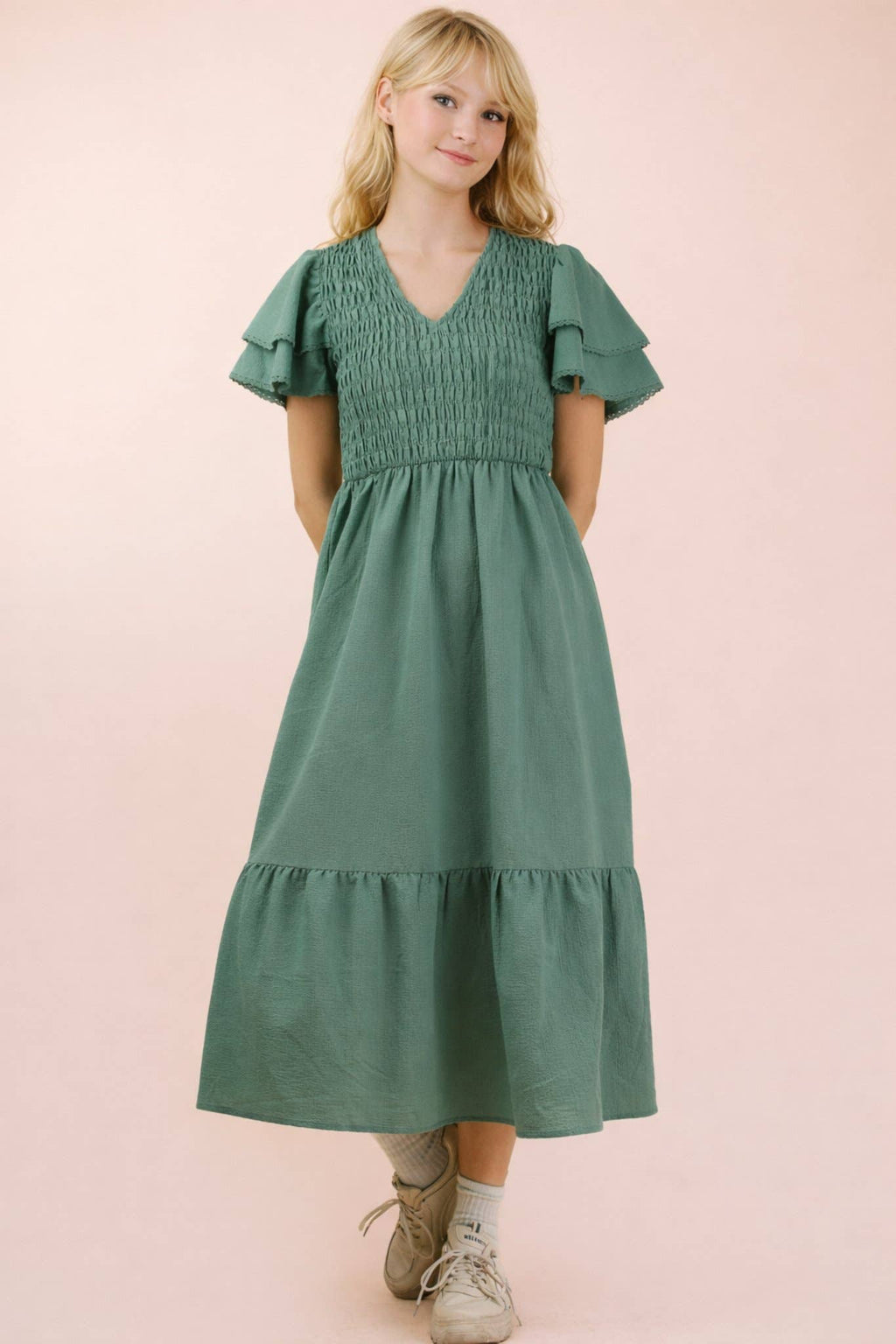 ND32042-Smocking Torso Ruffle Sleeve Midi Dress