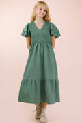 ND32042-Smocking Torso Ruffle Sleeve Midi Dress