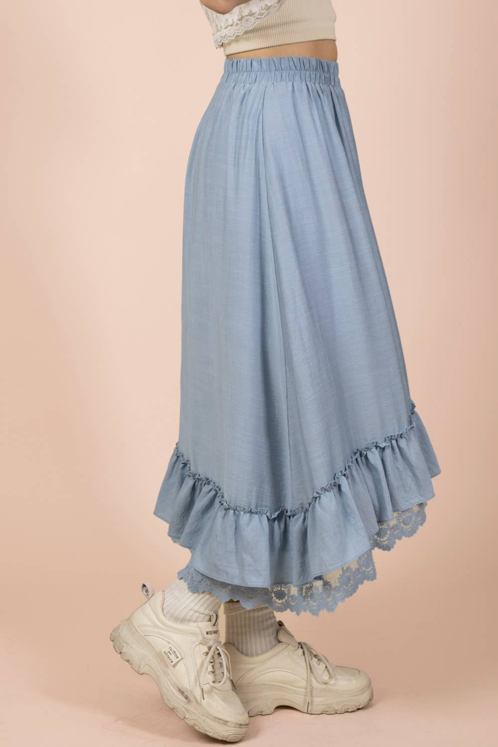 NS50204-Ruffle Hem Lace Trim Midi Dress
