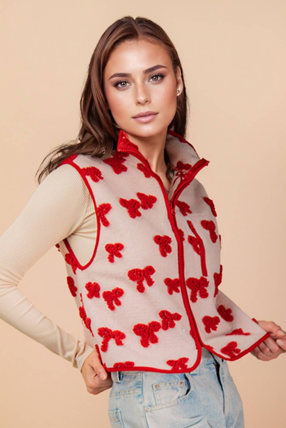 NJ90403-Textured Bow & Floral Printed Vest