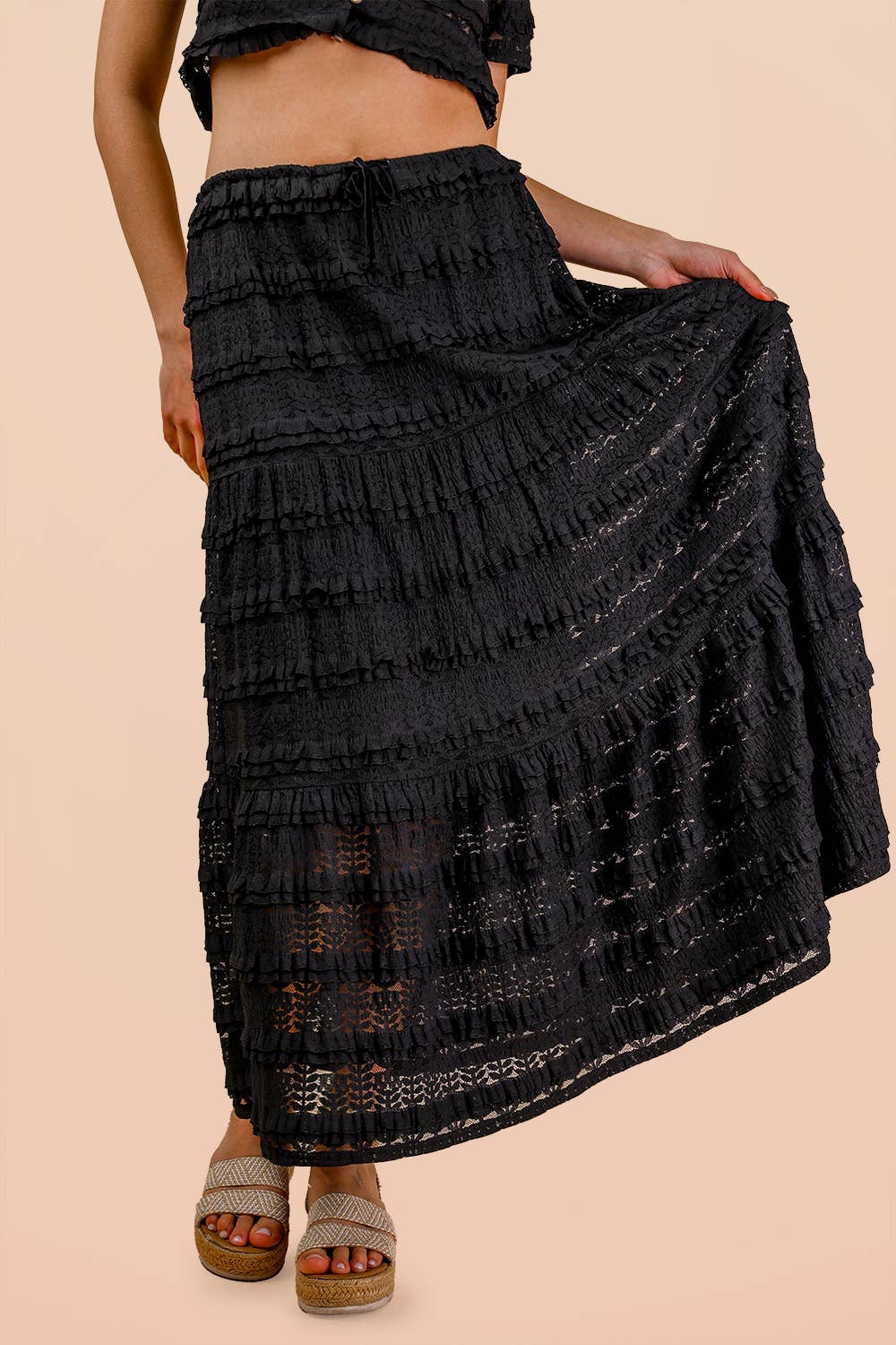 NS50182-Tiered Layered Lace Midi Skirt