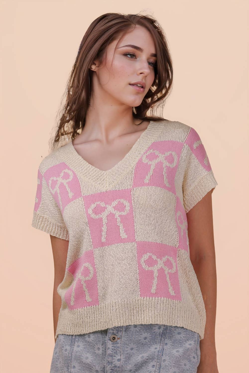 12W3370N-Bow Graphic Knit Summer Sweater Top