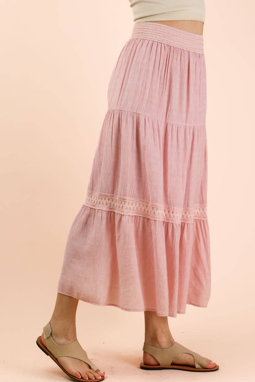 NS50200-Tiered Layers Solid Woven Mini Dress W/ Lace Trim