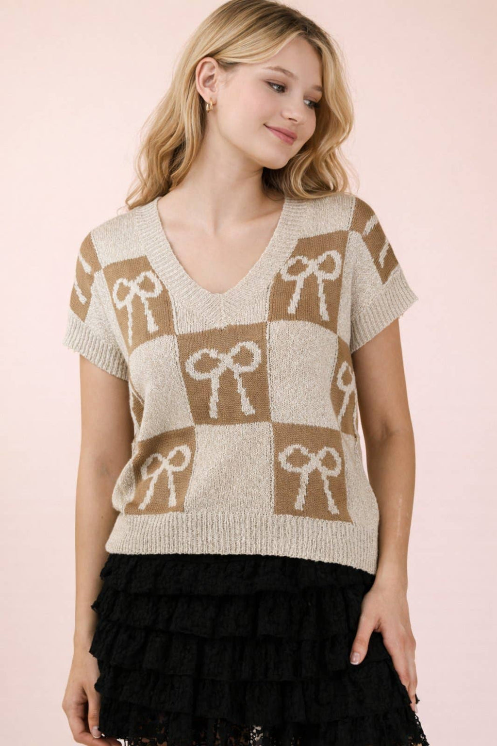 12W3370N-Bow Graphic Knit Summer Sweater Top