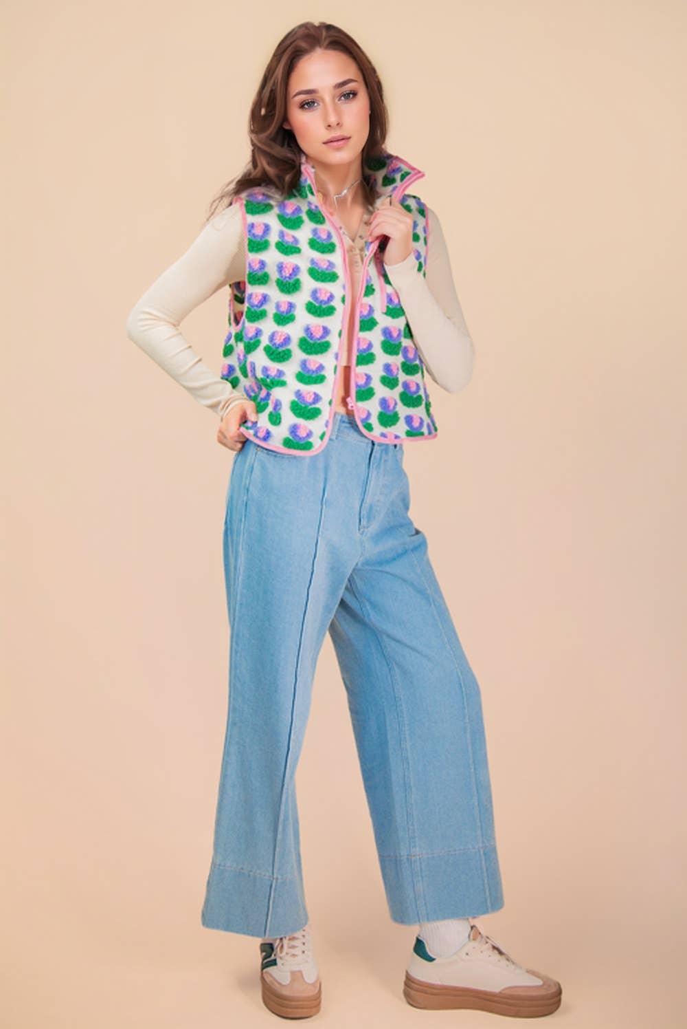 NJ90403-Textured Bow & Floral Printed Vest
