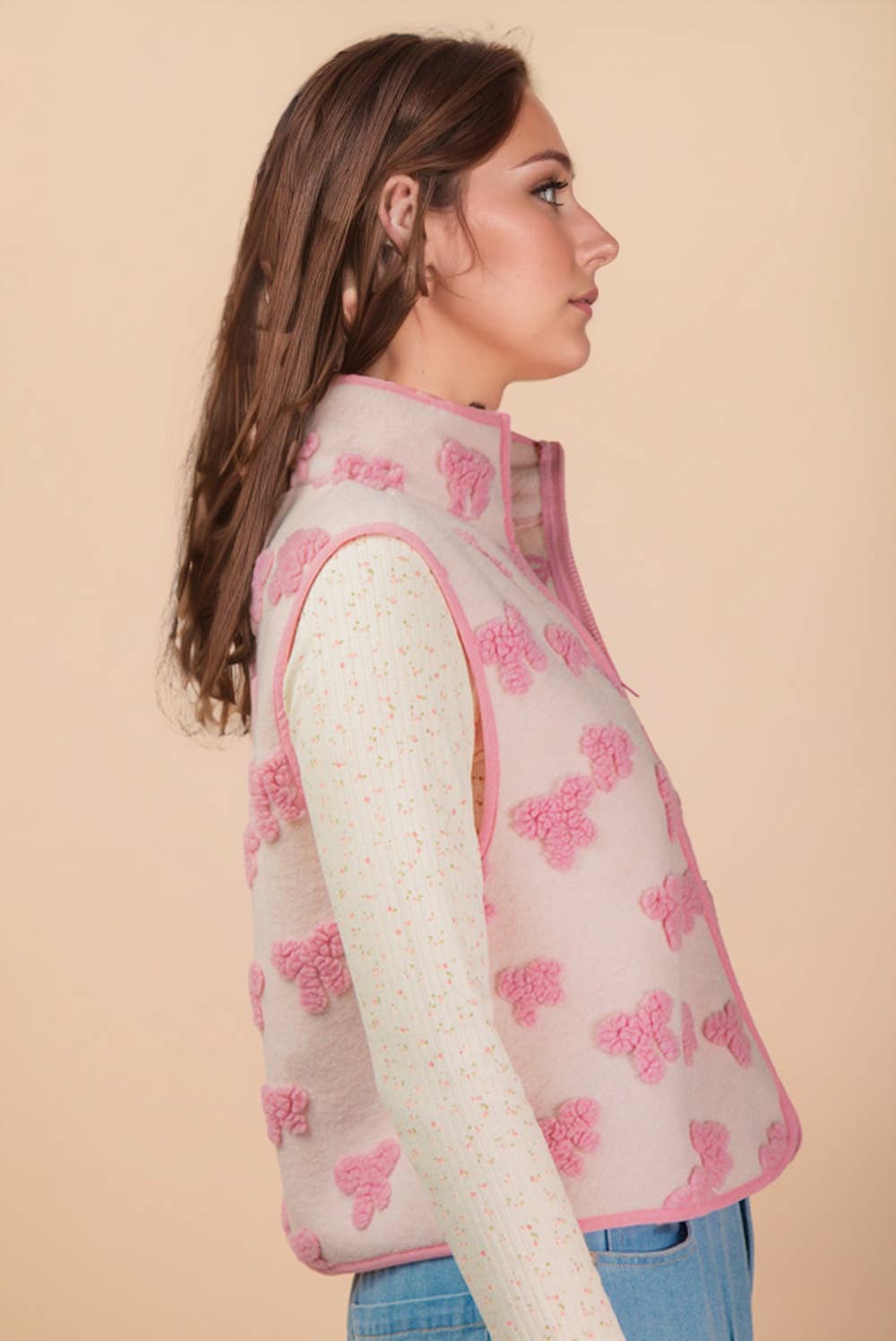 NJ90403-Textured Bow & Floral Printed Vest