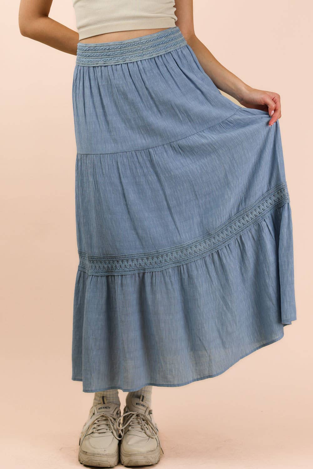 NS50200-Tiered Layers Solid Woven Mini Dress W/ Lace Trim