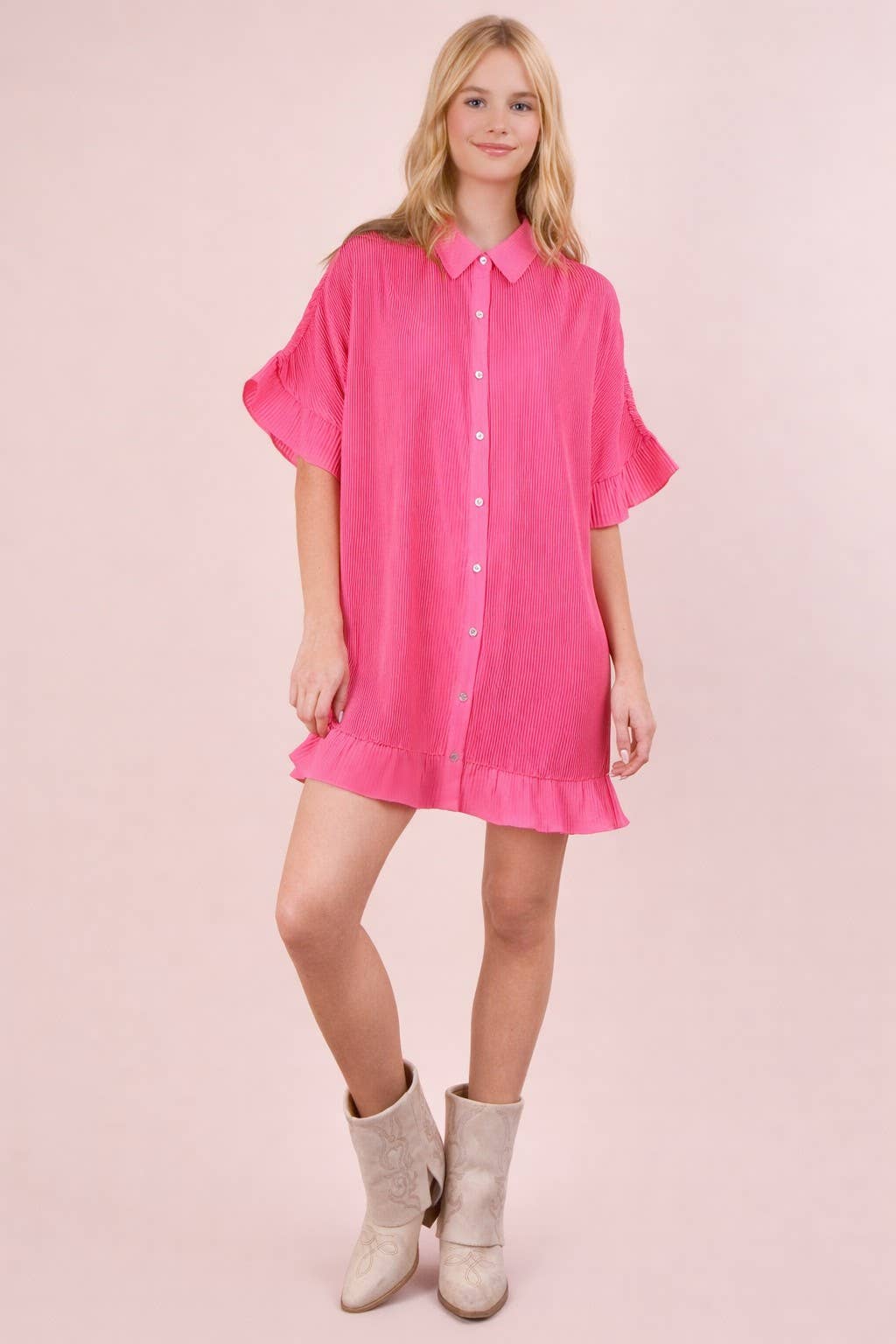 ND31602-Pleated Detail Button Down Mini Dress