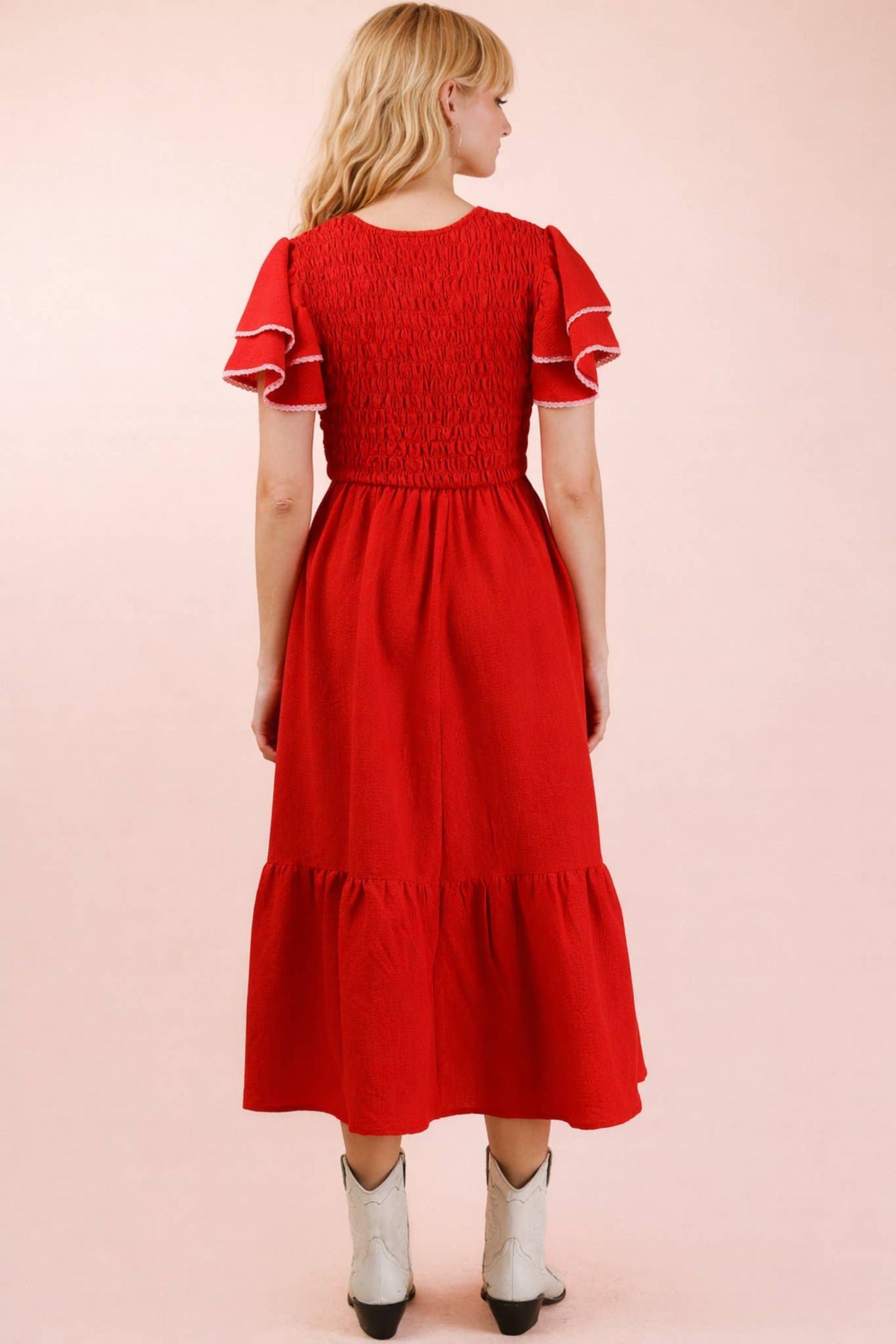 ND32042-Smocking Torso Ruffle Sleeve Midi Dress