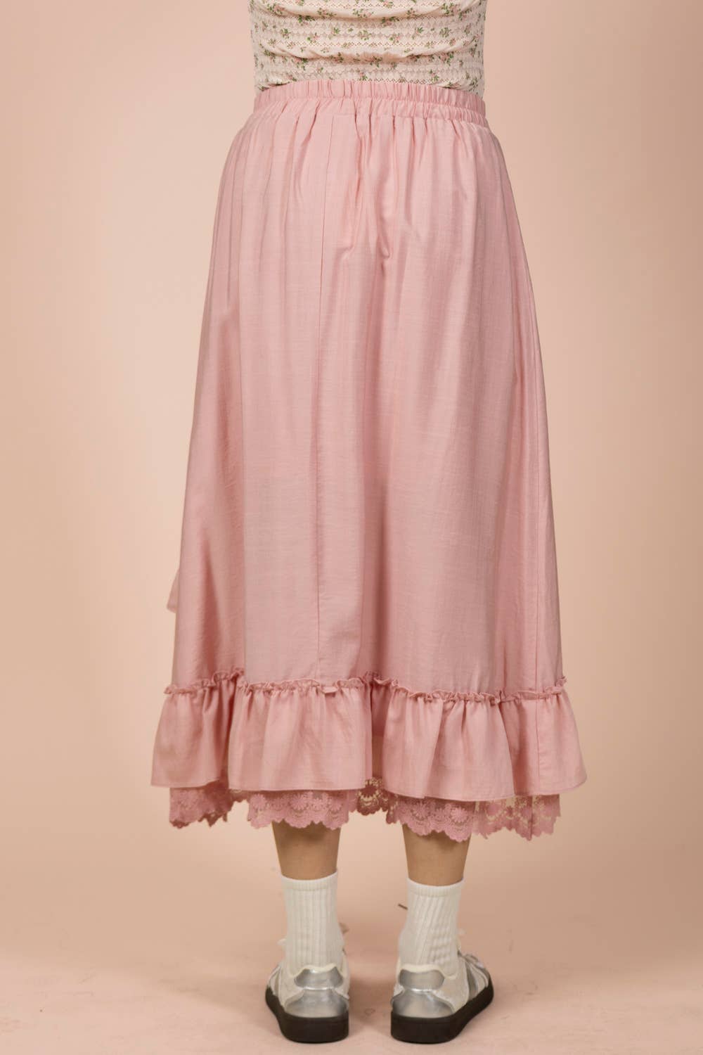 NS50204-Ruffle Hem Lace Trim Midi Dress