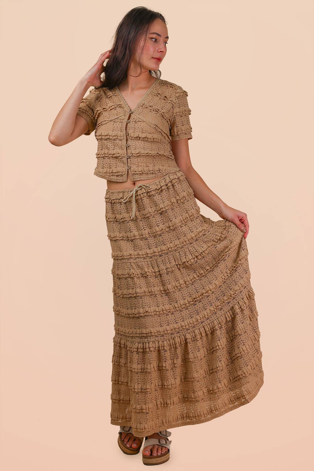 NS50182-Tiered Layered Lace Midi Skirt