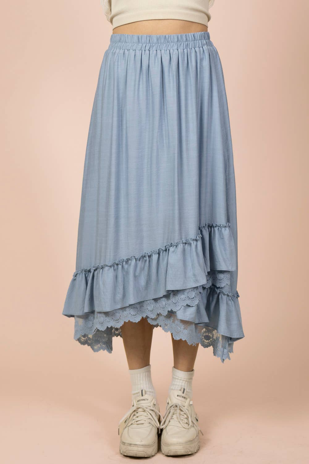 NS50204-Ruffle Hem Lace Trim Midi Dress