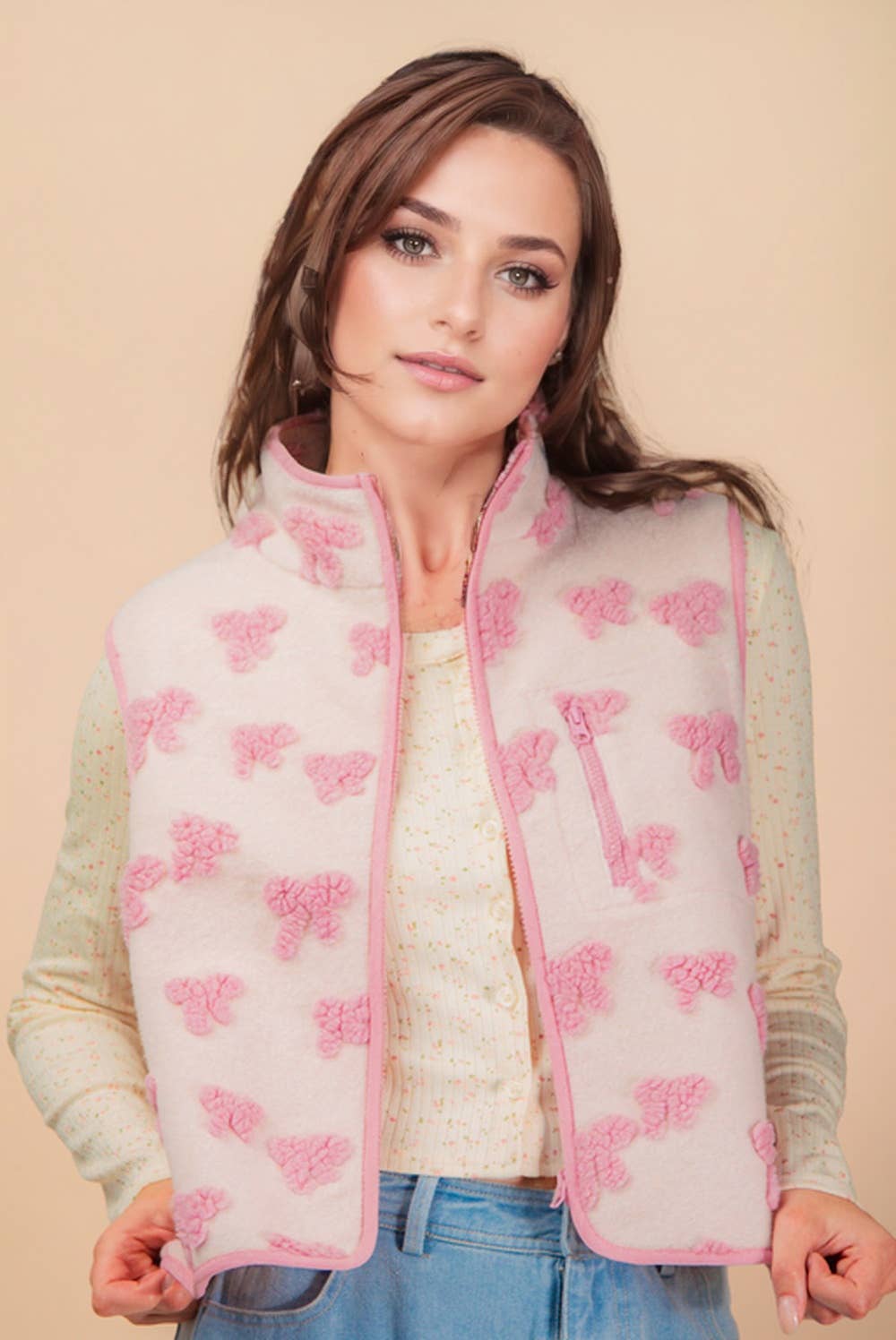 NJ90403-Textured Bow & Floral Printed Vest
